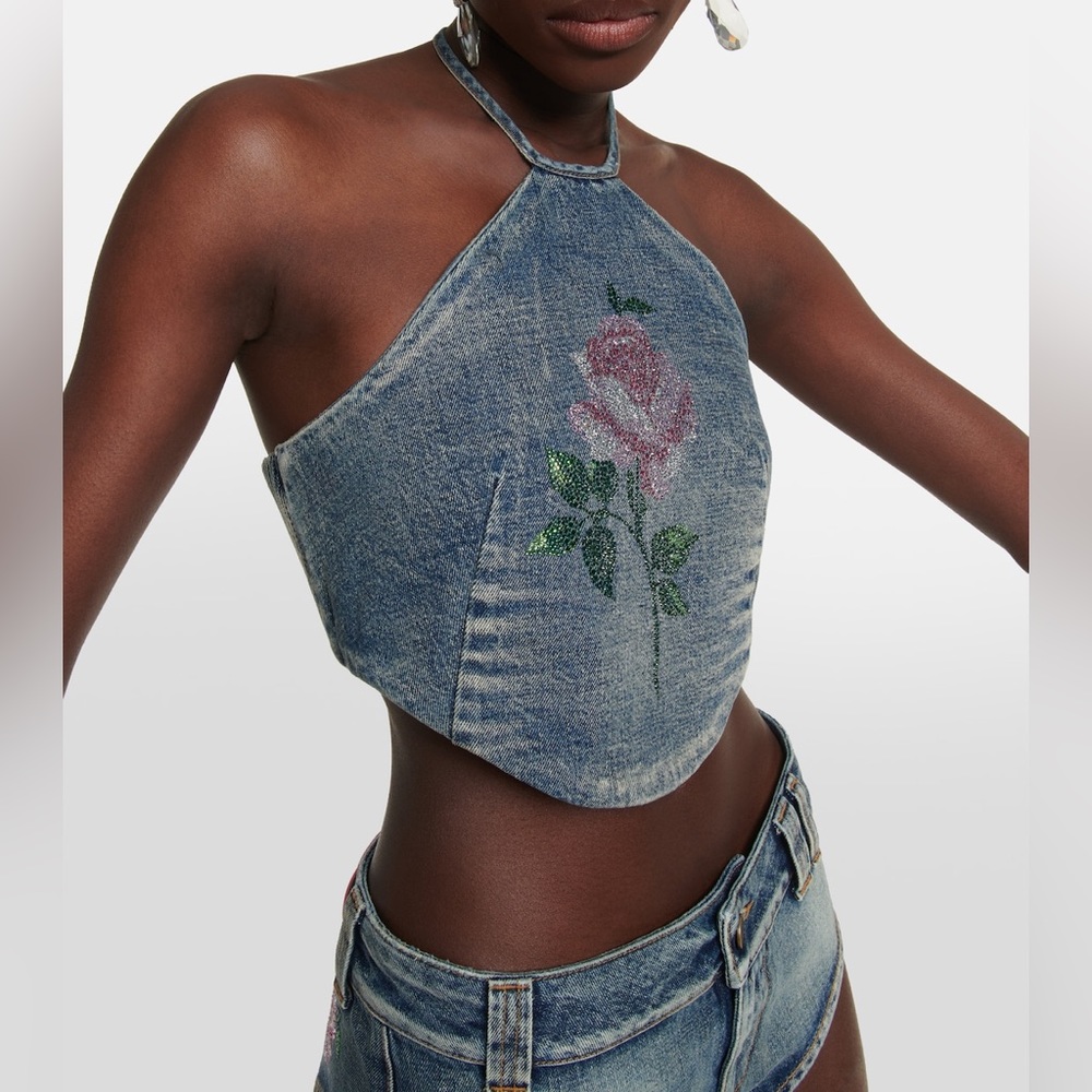 SOLD ⚡️Alessandra Rich Crystal-embellished denim halter neck top